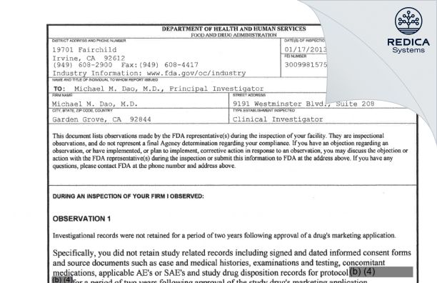 FDA 483 - Michael M. Dao, M.D. [Garden Grove / United States of America] - Download PDF - Redica Systems