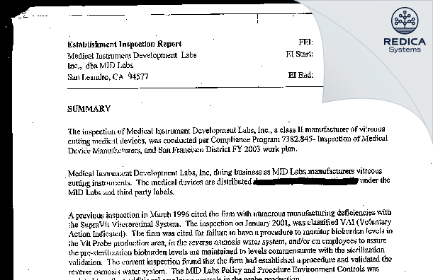 EIR - Medical Instrument Development Laboratories, Inc. [San Leandro / United States of America] - Download PDF - Redica Systems