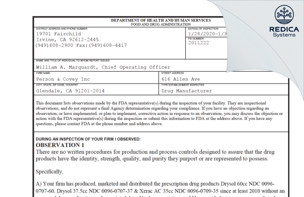 FDA 483 - Person and Covey [California / United States of America] - Download PDF - Redica Systems