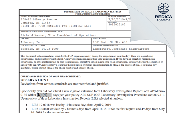 FDA 483 - Athenex, Inc. [York / United States of America] - Download PDF - Redica Systems
