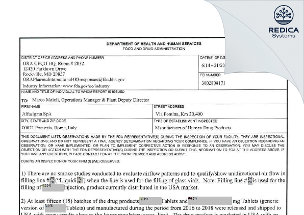 FDA 483 - ALFASIGMA SPA [Pomezia / Italy] - Download PDF - Redica Systems