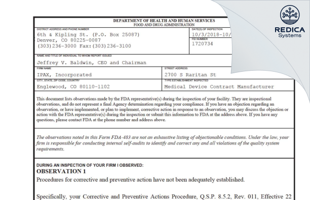 FDA 483 - IPAX, Incorporated [Englewood / United States of America] - Download PDF - Redica Systems