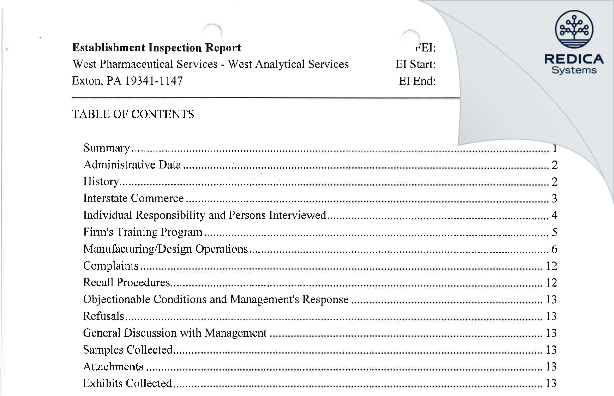 EIR - West Services and Solutions LLC [Exton / United States of America] - Download PDF - Redica Systems