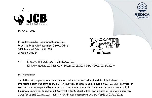 FDA 483 Response - JCB Laboratories LLC [Wichita / United States of America] - Download PDF - Redica Systems