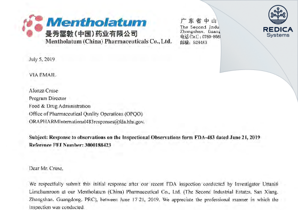 FDA 483 Response - Mentholatum (China) Pharmaceuticals Co., Ltd. [China / China] - Download PDF - Redica Systems