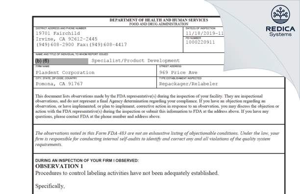 FDA 483 - Plasdent Corporation [Pomona / United States of America] - Download PDF - Redica Systems
