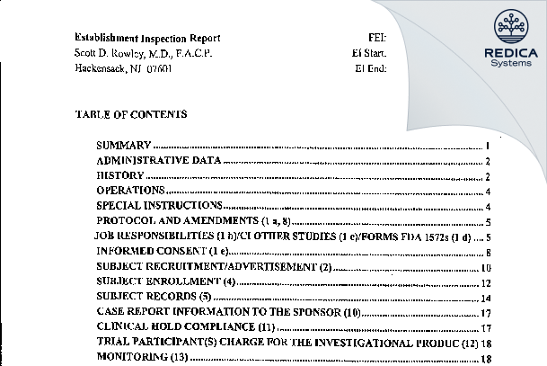 EIR - Scott D. Rowley, M.D. [Hackensack / United States of America] - Download PDF - Redica Systems