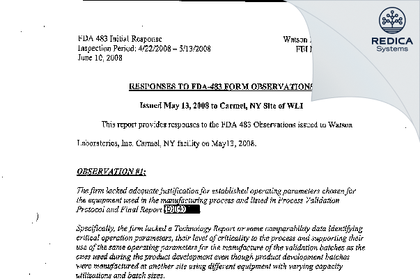 FDA 483 Response - Watson Laboratories, Inc. [Carmel / United States of America] - Download PDF - Redica Systems