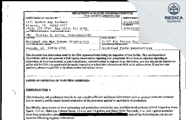FDA 483 - MarinPak dba MPK Sonoma [Sonoma / United States of America] - Download PDF - Redica Systems