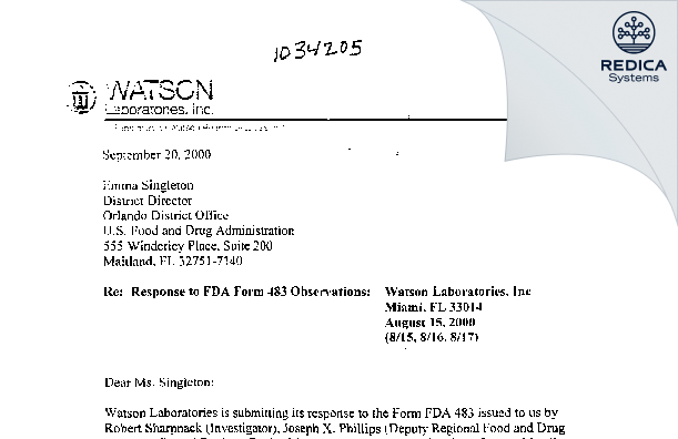 FDA 483 Response - Watson Laboratories, Inc. [Hialeah / United States of America] - Download PDF - Redica Systems