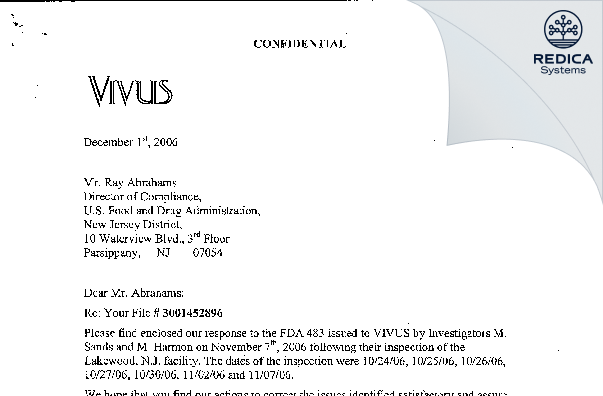 FDA 483 Response - Meda Pharmaceuticals, Inc. [Lakewood / United States of America] - Download PDF - Redica Systems