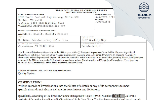 FDA 483 - Unilever Manufacturing (US), Inc. [Jonesboro / United States of America] - Download PDF - Redica Systems