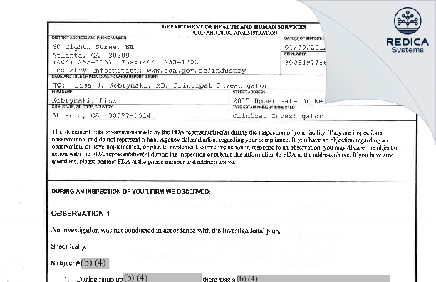 FDA 483 - Kobrynski, Lisa [Atlanta / United States of America] - Download PDF - Redica Systems