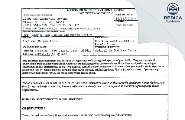 FDA 483 - Lightmed Corporation [New Taipei City / Taiwan] - Download PDF - Redica Systems
