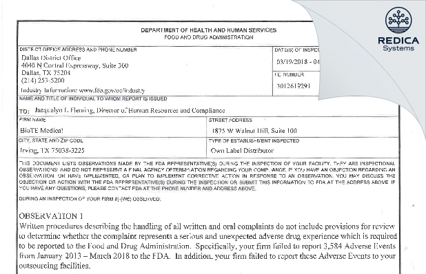 FDA 483 - BioTE Medical [Irving / United States of America] - Download PDF - Redica Systems