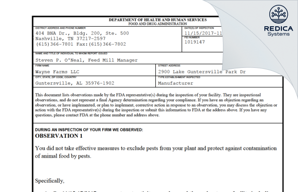 FDA 483 - Wayne Farms LLC [Guntersville / United States of America] - Download PDF - Redica Systems