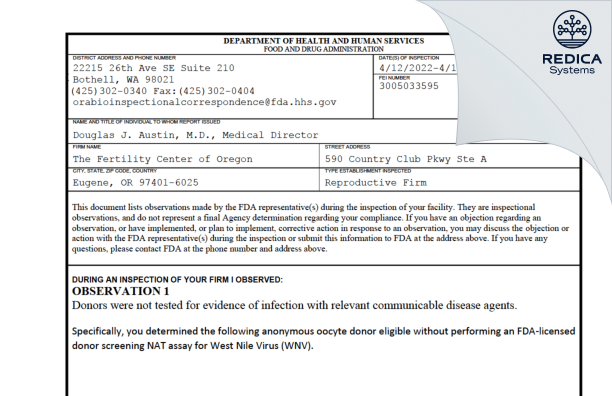 FDA 483 - The Fertility Center of Oregon [Eugene / United States of America] - Download PDF - Redica Systems