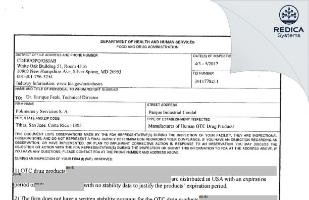 FDA 483 - Polimeros y Servicios S.A. [San Jose / Costa Rica] - Download PDF - Redica Systems