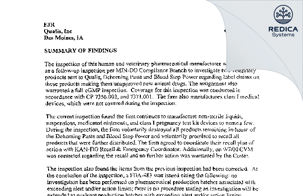 EIR - Qualis Group LLC [Ankeny / United States of America] - Download PDF - Redica Systems