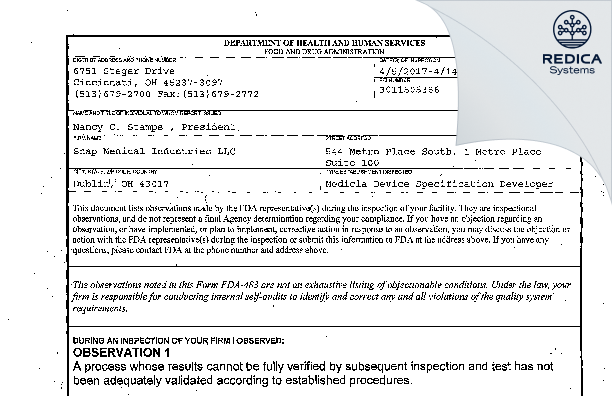 FDA 483 - Snap Medical Industries LLC [Dublin Ohio / United States of America] - Download PDF - Redica Systems