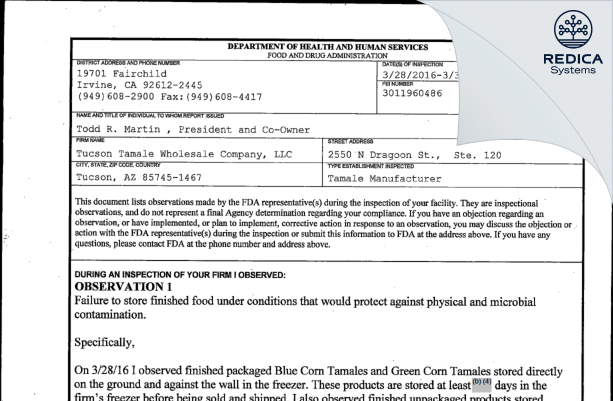 FDA 483 - Tucson Tamale Wholesale Company, LLC [Tucson / United States of America] - Download PDF - Redica Systems