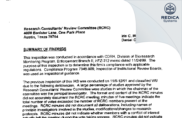EIR - RCRC Independent Review Board (IRB) [Austin / United States of America] - Download PDF - Redica Systems
