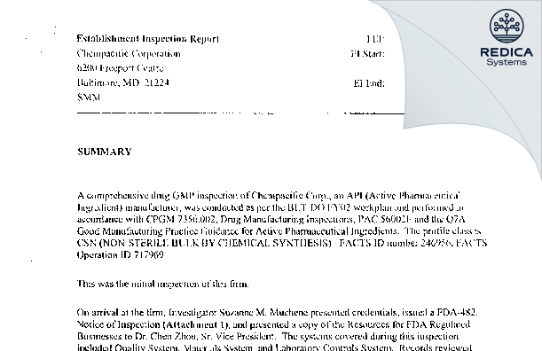 EIR - ChemPacific Corporation [Baltimore / United States of America] - Download PDF - Redica Systems