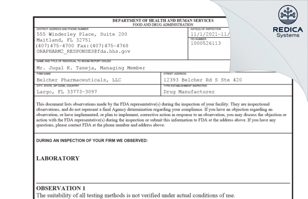 FDA 483 - Belcher Pharmaceuticals, LLC [Largo / United States of America] - Download PDF - Redica Systems