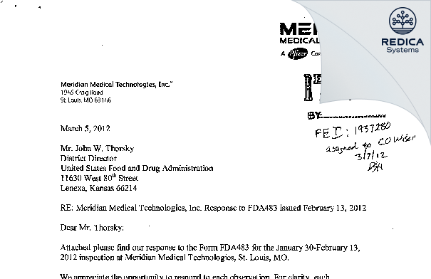 FDA 483 Response - Meridian Medical Technologies Inc., A Pfizer Company [Saint Louis / United States of America] - Download PDF - Redica Systems