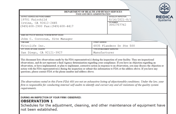 FDA 483 - Vitrolife Inc. [San Diego / United States of America] - Download PDF - Redica Systems
