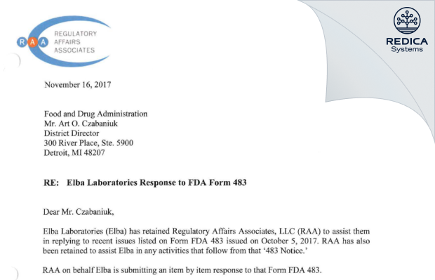 FDA 483 Response - Elba, Inc. [Troy / United States of America] - Download PDF - Redica Systems