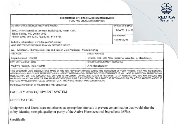 FDA 483 - LUPIN LIMITED [Raisen Mandideep / India] - Download PDF - Redica Systems