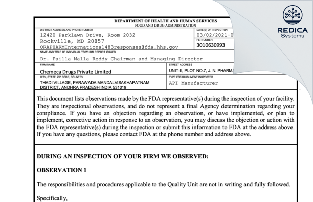 FDA 483 - Chemeca Drugs Private Limited [India / India] - Download PDF - Redica Systems