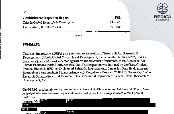 EIR - Takeda Global Research & Development [Deerfield / United States of America] - Download PDF - Redica Systems