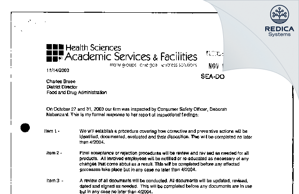 FDA 483 Response - University Of Washington Scientific Instruments [Seattle / United States of America] - Download PDF - Redica Systems