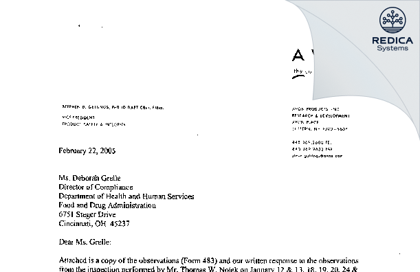 FDA 483 Response - New Avon LLC [Springdale / United States of America] - Download PDF - Redica Systems