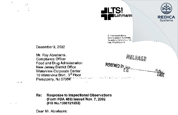 FDA 483 Response - LTS Lohmann Therapy Systems Corp. [Jersey / United States of America] - Download PDF - Redica Systems