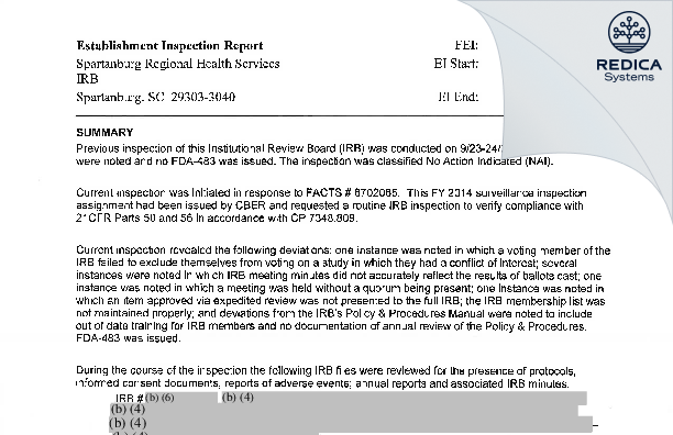 EIR - Spartanburg Regional Health Services IRB [Spartanburg / United States of America] - Download PDF - Redica Systems