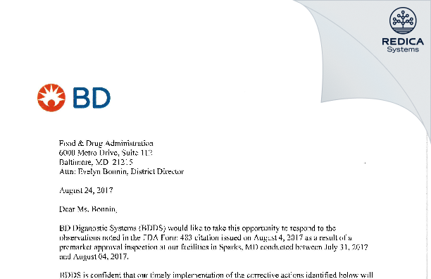 FDA 483 Response - Becton Dickinson & Co. [Sparks / United States of America] - Download PDF - Redica Systems