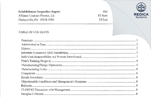 EIR - Altasciences CDMO Philadelphia [Harleysville Pennsylvania / United States of America] - Download PDF - Redica Systems