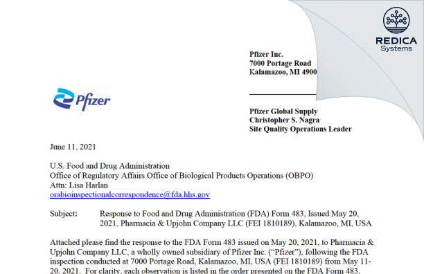 FDA 483 Response - Pharmacia & Upjohn Company LLC [Kalamazoo / United States of America] - Download PDF - Redica Systems