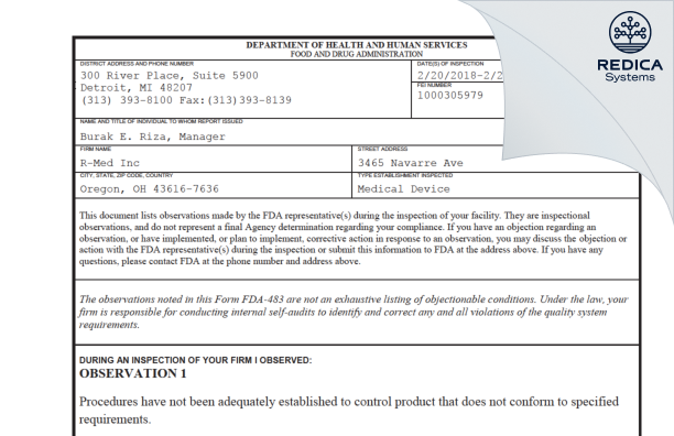 FDA 483 - R-Med Inc [Oregon / United States of America] - Download PDF - Redica Systems