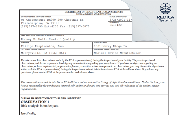 FDA 483 - Philips Respironics, Inc. [Murrysville / United States of America] - Download PDF - Redica Systems