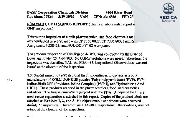 EIR - BASF Corporation [Geismar / United States of America] - Download PDF - Redica Systems