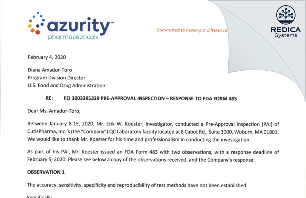 FDA 483 Response - Azurity Pharmaceuticals, Inc. [Woburn / United States of America] - Download PDF - Redica Systems