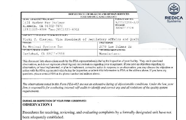 FDA 483 - Ra Medical Systems, Inc. [Carlsbad / United States of America] - Download PDF - Redica Systems