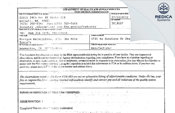 FDA 483 - Koregon Enterprises, Inc. Dba Nite Train'r [Beaverton / United States of America] - Download PDF - Redica Systems