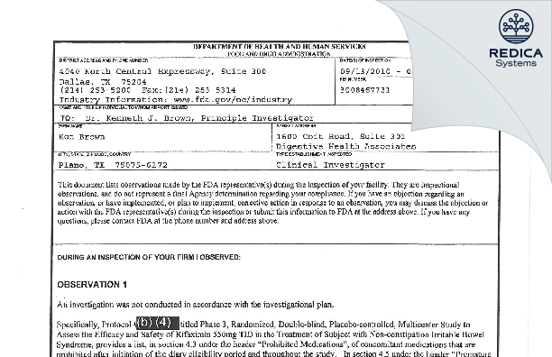 FDA 483 - Ken Brown [Plano / United States of America] - Download PDF - Redica Systems