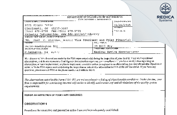 FDA 483 - Ferno-Washington Inc [Wilmington / United States of America] - Download PDF - Redica Systems