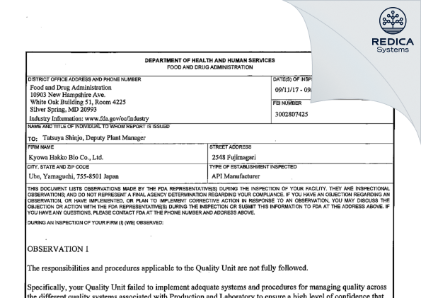 FDA 483 - Kyowa Hakko Bio Co. Ltd. [Ube / Japan] - Download PDF - Redica Systems